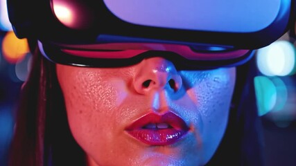 Poster - A woman wearing a VR headset with a surprised expression, illuminated by neon lights.