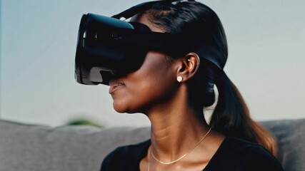 Leinwandbilder - A woman wearing a VR headset looks up, experiencing virtual reality.