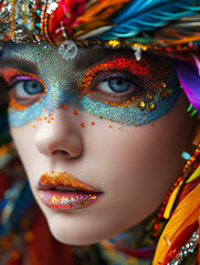 Canvas Print - Woman Wearing Elaborate Stage Make Up, Face Jewellery, Glitter Paint. Artistic Close Up. Carnival, Festival, Performance, Opera, Movie, Theatre Play. Actor, Dancer, Fantasy Character, Beauty Art Model