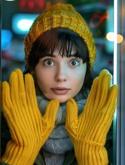 Wall Mural - A woman in a yellow hat and gloves looks through a window. AI.