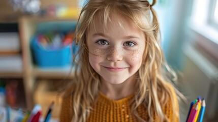 Canvas Print - A young girl smiles at the camera. AI.