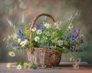 Poster - A wicker basket overflowing with wildflowers. AI.