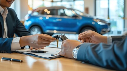 A car salesman or sales manager hands over car keys to a new owner explains and reads the terms of signing a car contract for the purchase to buy a brand-new luxury car and insurance. Close-up view.