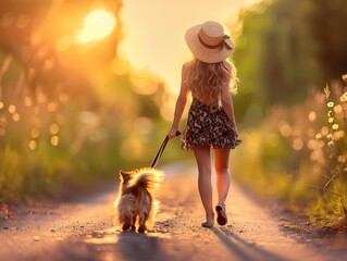 Poster - A woman in a summer dress walks down a path with her dog. AI.