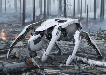 Canvas Print - A white robotic creature walks through a forest after a fire. AI.