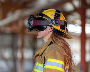 Wall Mural - A firefighter uses virtual reality technology. AI.