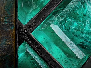 Canvas Print - A close-up shot of a teal-colored glass piece framed with black metal. AI.