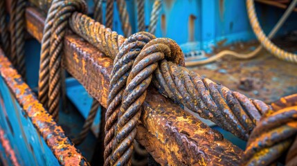 Poster - A close-up of a rusty wire rope tied to a metal beam. AI.