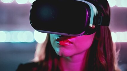 Poster - A woman wearing a VR headset stands under bright neon lights, her lips painted a vibrant red.