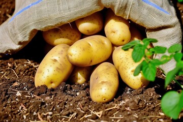 Wall Mural - Sack spilling fresh raw potatoes on rustic wood