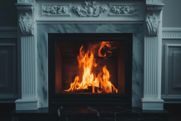 A fireplace is advertised in an ultramodern, supernatural scene, emphasizing a crackling fire with plenty of copy space