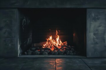 A fireplace is advertised in an ultramodern, supernatural scene, emphasizing a crackling fire with plenty of copy space