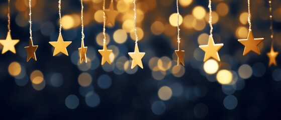 Wall Mural - Christmas background with golden stars and bokeh lights. Banner.