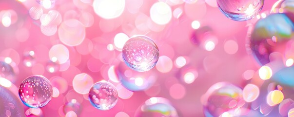 Bubbles floating on a pink background with bokeh light effects