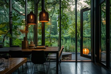 Canvas Print - Interior of modern dining room with glass walls, concrete floor, round wooden table and black chairs.