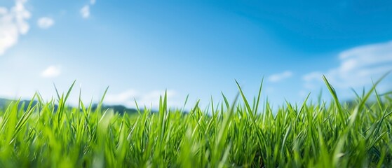 Sticker - Green grass field and blue sky with clouds. Panoramic view.