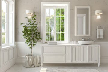 Canvas Print - Bathroom interior with white bathtub, mirror and plant in vase.