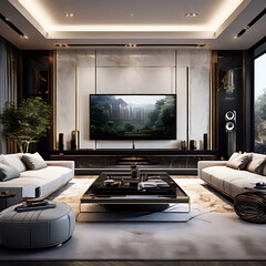 modern living room home theatre system sleek white marble grey gold white