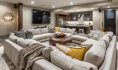 Wall Mural - Cozy basement living area with comfortable seating and entertainment options