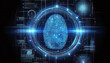 © Giuseppe Cammino - Image of digital finger print scan in blue glowing lights for forensic data and personal identification on black background while useful in biometrics