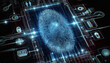 © Giuseppe Cammino - Image of digital finger print scan in blue glowing lights for forensic data and personal identification on black background while useful in biometrics