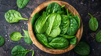 Wall Mural - Fresh Baby Spinach Leaves in a Rustic Wooden Bowl on Dark Grunge Background, Top View