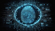 © Giuseppe Cammino - Image of digital finger print scan in blue glowing lights for forensic data and personal identification on black background while useful in biometrics