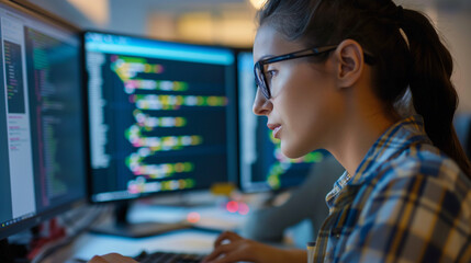 female programmer at work, woman coding and sitting in front of a monitor at a computer