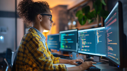 Female programmer at work, woman coding and sitting in front of a monitor at a computer