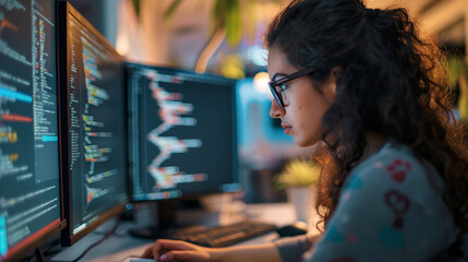 female programmer at work, woman coding and sitting in front of a monitor at a computer