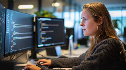 female programmer at work, woman coding and sitting in front of a monitor at a computer