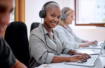 Fototapete - Portrait, woman and headphones with happy agent or financial advisor in insurance company. Female person, smile and laptop in office, building and firm in coworking space, business or call center