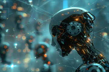 Wall Mural - futuristic robot head with intricate mechanical design and glowing elements in a network of connecti