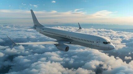 White passenger airplane flying in the blue sky above clouds.