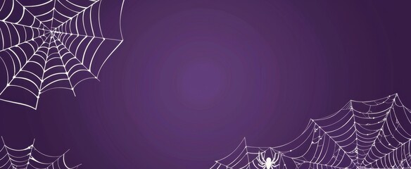 Wall Mural - a purple background with white spider webs hanging from the top and bottom, vector illustration style, flat design, simple shapes, halloween decoration Generative AI