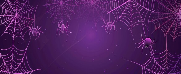 Wall Mural - Minimalist purple background with hanging spider webs and small spiders for Halloween decoration Generative AI
