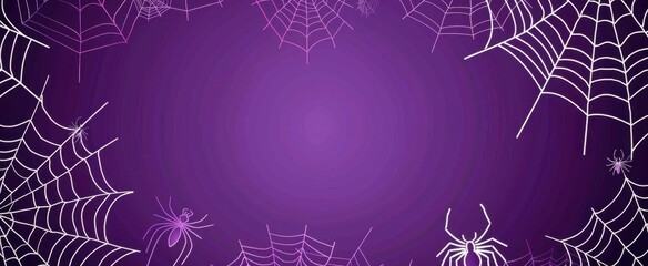 Wall Mural - a purple background with white spider webs hanging from the top and bottom, vector illustration styl