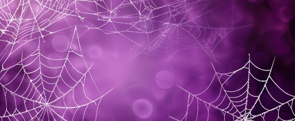 Wall Mural - A purple background with white spider webs hanging from the top and bottom corners, creating an eerie atmosphere for Halloween or horror themes Generative AI