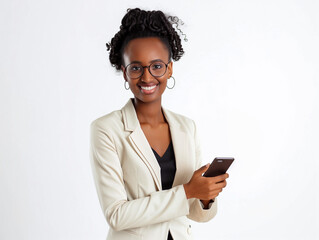 Wall Mural - Femme de 20 ans, en costume blanc, cheveux crépus, regarde en souriant son smartphone, fond blanc, personnage pour publicité, site web, démo d'application ou de logiciel, tech et IT B2B