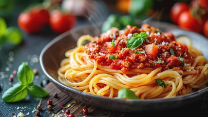 Wall Mural - Pasta Spaghetti Bolognese in gray plate on wooden background. Bolognese sauce is classic italian cuisine dish. Popular italian food. Top view, with steam