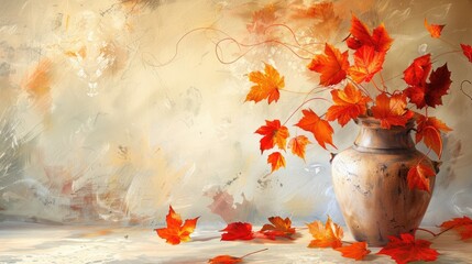 Wall Mural - Fall Leaves in Vase on Light Background for Art Display