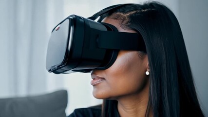 Poster - A woman wearing a virtual reality headset looks up and to the right while experiencing virtual reality.