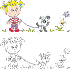 Wall Mural - Little girl walking with a funny small puppy and watching a merry butterfly fluttering over a flower in a park, color and black and white outline vector cartoon illustrations