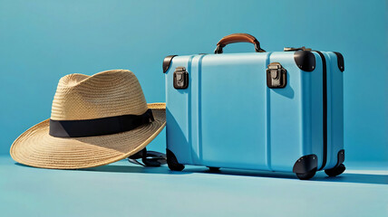 Blue suitcase with sun glasses, hat and camera on pastel blue background. travel concept