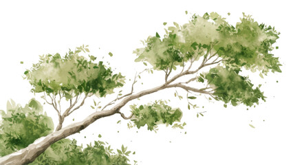 A watercolor painting of a tree branch with green leaves
