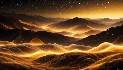 Wall Mural - Golden mountain landscape illustration, with stars in a night sky, and flowing lights creating paths, a fantasy aesthetic.