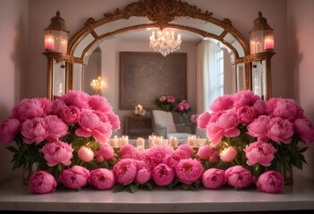 A collection of pink peonies arranged around a mirror with candles, creating a romantic and elegant scene.