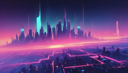 A digital art illustration of a futuristic cityscape with glowing neon lights and a pink sky.