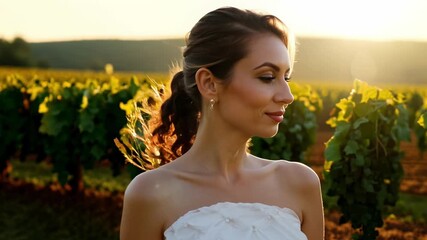 Wall Mural - A woman is smiling in a field of grapes. The sun is shining brightly, and the woman is wearing a white dress