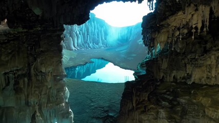 Poster - A cave with ice formations and a blue light shining through a hole. The cave is dark and cold, but the blue light creates a sense of calm and serenity